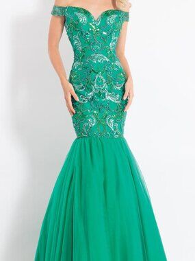 RACHEL ALLAN 6193 SIZE 4 EMERALD MERMAID FIT AND FLARE SEQUIN FORMAL PROM GOWN
